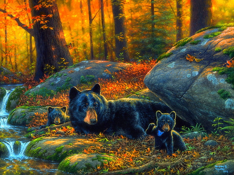 ★PLAYTIME★, rocks, family, autumn, splendid, attractions in dreams, bonito, seasons, leaves, paintings, landscapes, forests, streams, butterfly designs, animals, fall season, lovely, sunlight, love four seasons, creative pre-made, butterflies, trees, warms, wildlife, nature, bears, HD wallpaper
