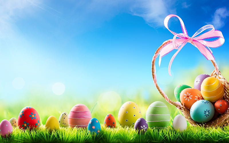 Easter Eggs, grass, ribbon, Holiday, bow, clouds, sky, Easter, basket ...