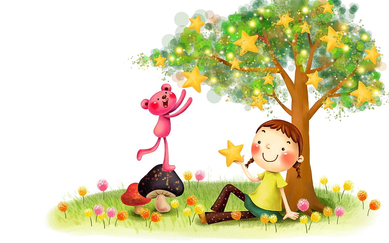 Girl and Pink Panther, stars, tree, girl, mushrooms, panther, pink, vector, HD wallpaper
