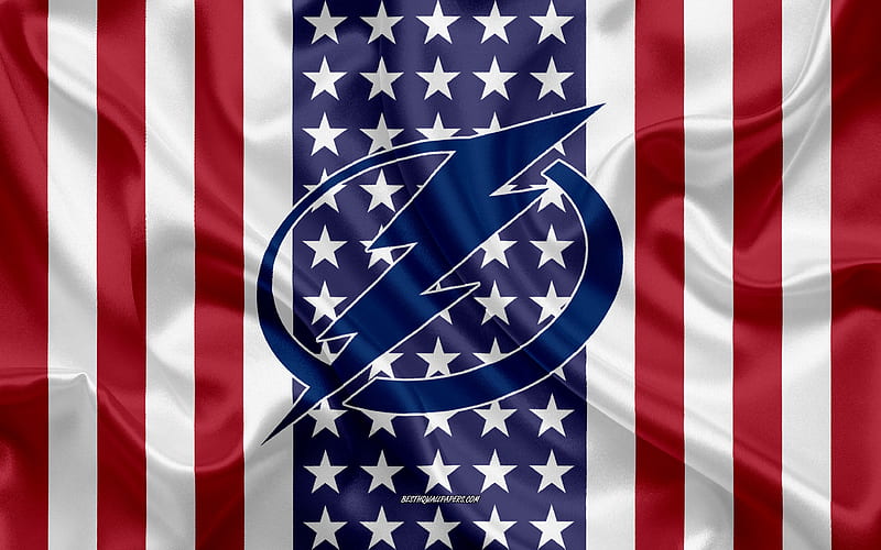 Tampa Bay Lightning logo, emblem, silk texture, American flag, American hockey club, NHL, Florida, USA, National Hockey League, ice hockey, silk flag, HD wallpaper