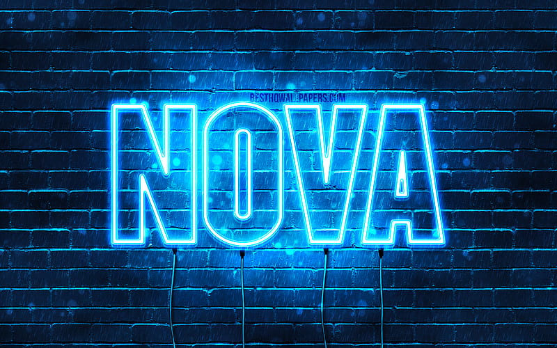 Nova with names, horizontal text, Nova name, Happy Birtay Nova, blue neon lights, with Nova name, HD wallpaper
