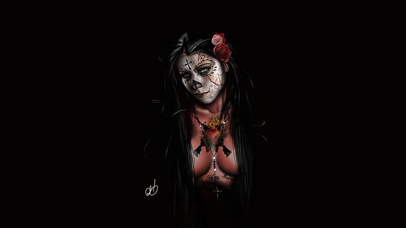 Catrina, halloween, dia de los muertos, black, calavera, red, luminos, tattoo, fantasy, girl, skull, HD wallpaper