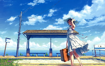 Sleepy anime girl, train trip, dress, slice of life, windows, mood, camera,  short hair, HD wallpaper | Peakpx