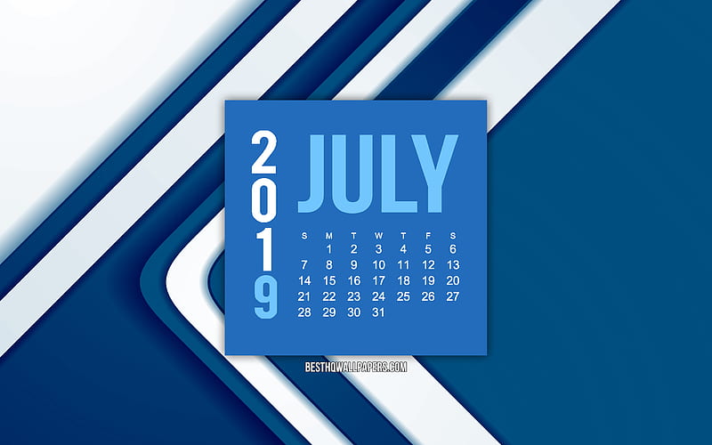 July 2019 calendar, creative blue pattern, blue abstract lines background, 2019 calendars, July, 2019 concepts, blue 2019 July calendar, HD wallpaper
