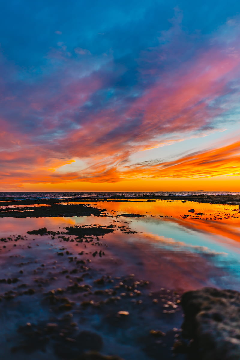 water, horizon, sunset, sky, HD phone wallpaper