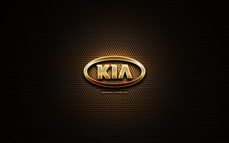 KIA glitter logo, automotive brands, creative, metal grid background, KIA 3D logo, brands, KIA, HD wallpaper