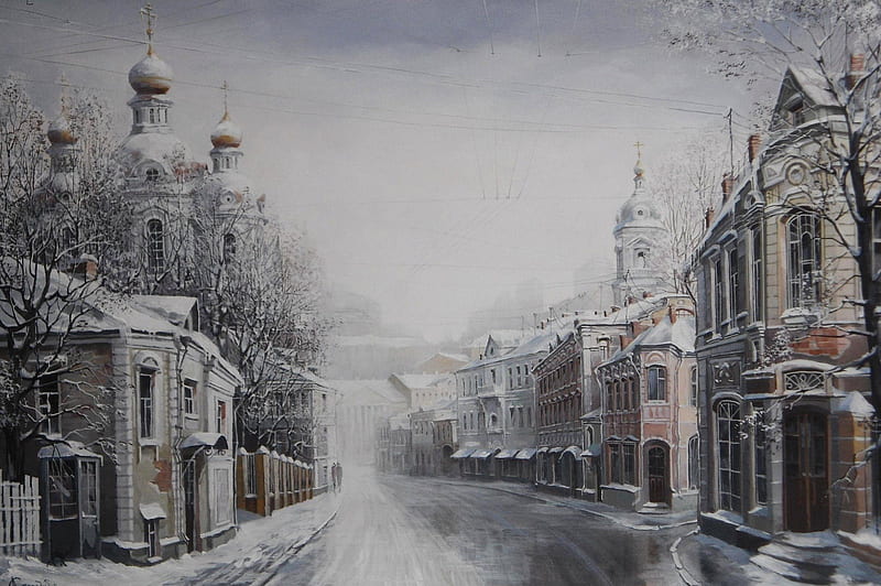 Painting, art, abstract, painting art, winter, cold, city, snow, Moscow, street, HD wallpaper
