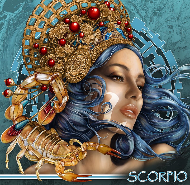 Zodiac ~ Scorpio, girl, golden, andrey astapov, zodiac, blue, red, luminos, orange, scorpio, fantasy, face, HD wallpaper