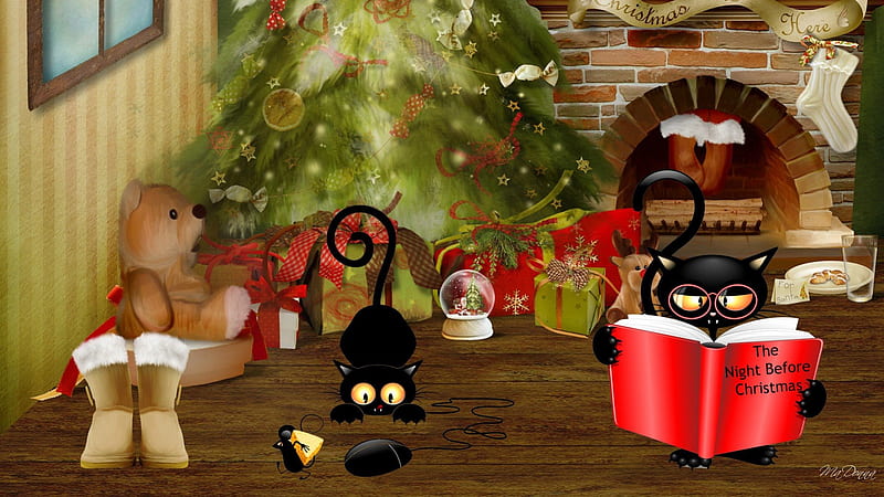 Black Cats Christmas Eve, Christmas, Christmas Eve, Feliz Navidad, boots, kitty, mice, book, home, read, cat, fireplace, tree, whimsical, mouse, kitten, teddy bear, HD wallpaper