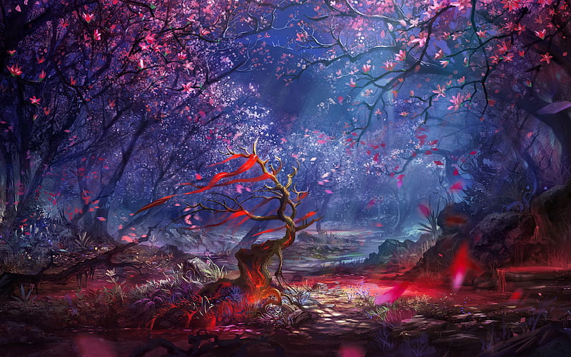 Fantasy forest, fantasy, dark, magic, bonito, enchanted, night, forest, spring, HD wallpaper