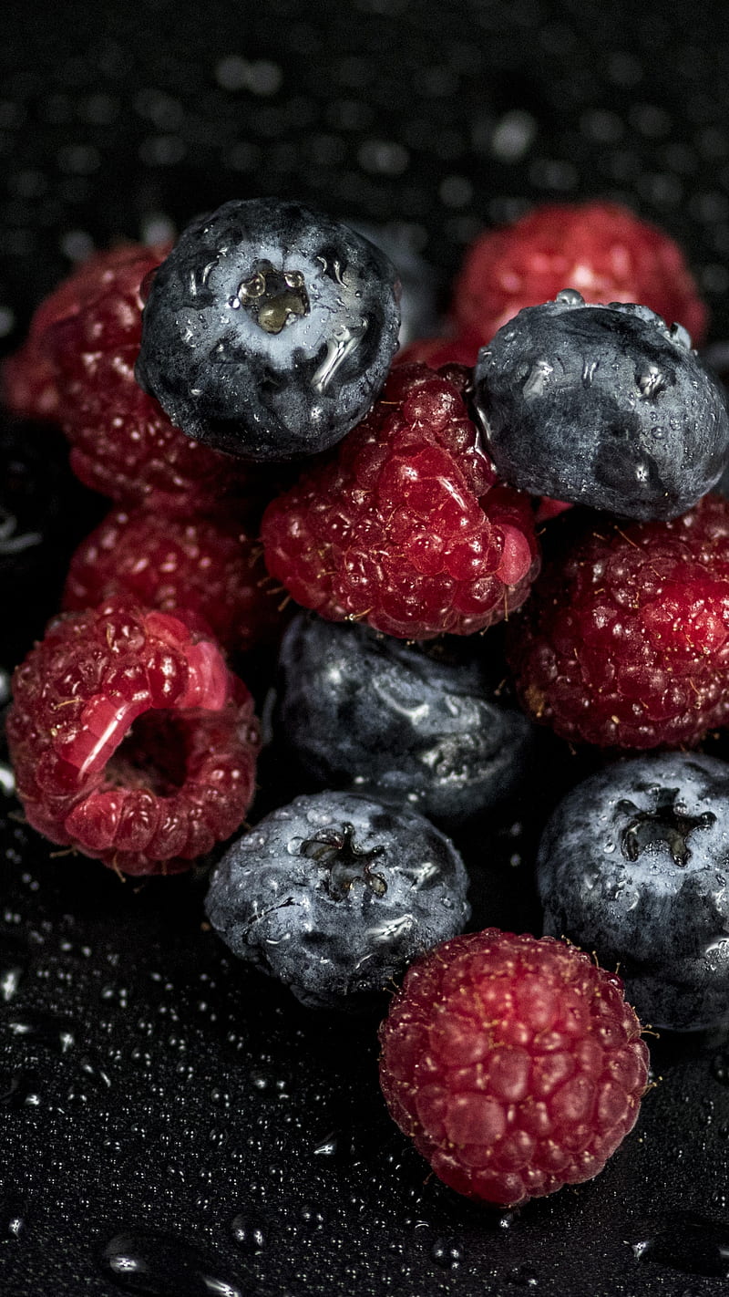 Berries, blueberries, food, fresh, fruits, raspberries, HD phone wallpaper