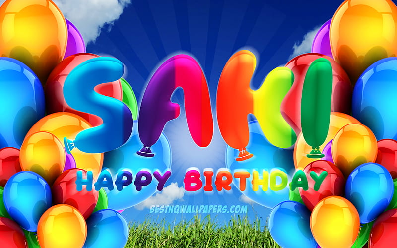 Saki Happy Birtay cloudy sky background, female names, Birtay Party, colorful ballons, Saki name, Happy Birtay Saki, Birtay concept, Saki Birtay, Saki, HD wallpaper