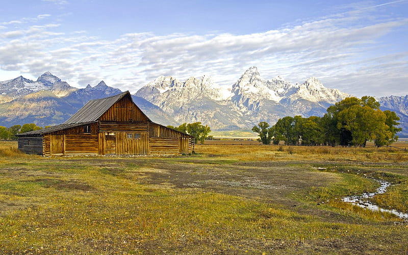 Bought the Farm, farm, snow, mountains, fields, sky, barn, HD wallpaper