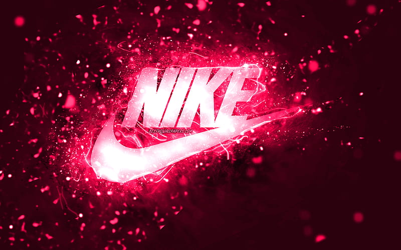 Nike pink logo, , pink neon lights, creative, pink abstract background, Nike logo, fashion brands, Nike, HD wallpaper