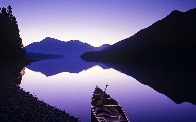 Purple Mountain Lake, dusk, bonito, lights, nice, boat, mounts, bright, sunrise, morning, wood, amazing, dawn, lakes, , colors, magenta, black, sky, water, wooden boat, cool, purple, mountains, awesome, violet, nature, HD wallpaper