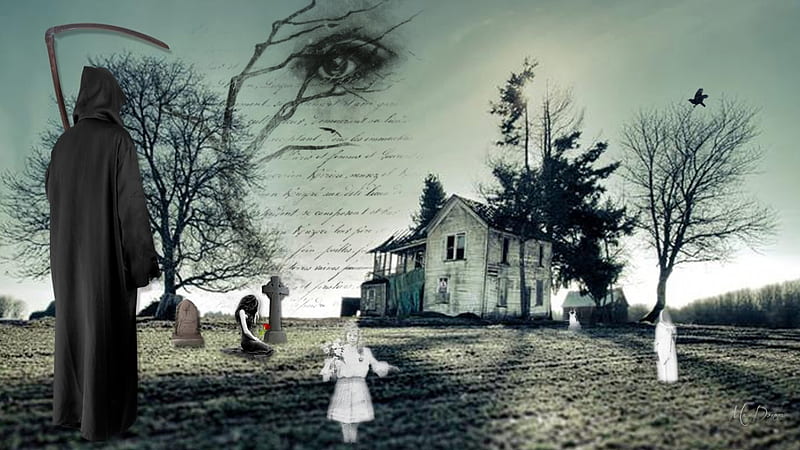 Those Who Lived Before, haunting, death, haunted house, eye, trees, grave stones, spirits, women, ravens, goth, ghosts, gothic, Halloween, Firefox Persona theme, Reaper, HD wallpaper