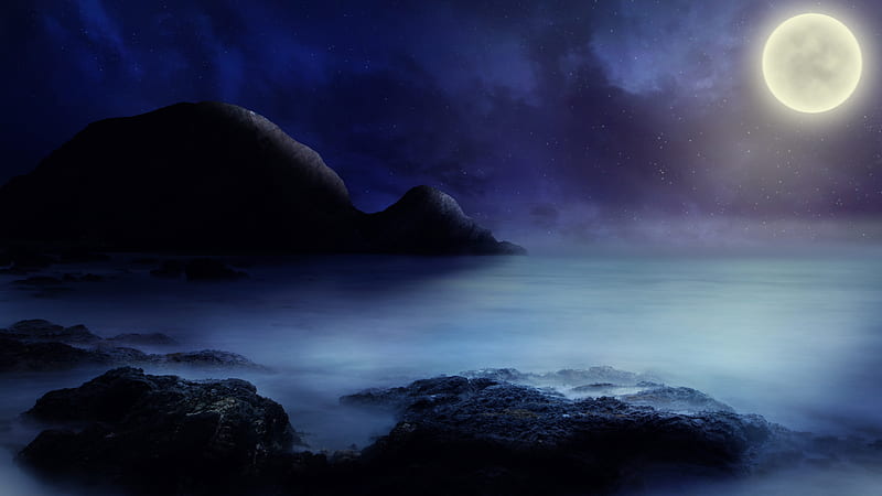 moonlight, horizon, seascape, scenic, rocks, Nature, HD wallpaper moonlight, horizon, seascape, scenic, rocks, Nature, HD wallpaper