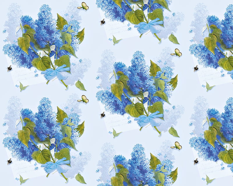 Texture, pattern, lilac, spring, bee, butterfly, green, flower, paper, white, blue, HD wallpaper