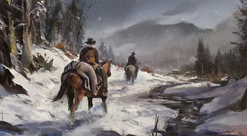 On the Winter Trail, Painting, Snow, Horses, Cowboys, Storm, Trail, Brown, Sky, White, Mountains, Trees, gris, HD wallpaper