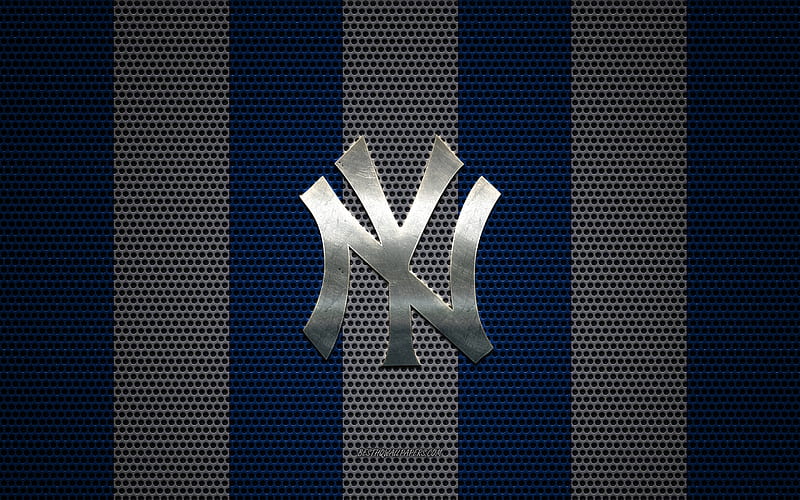 New York Yankees logo, American baseball club, metal emblem, blue white metal mesh background, New York Yankees, MLB, New York, USA, baseball, HD wallpaper