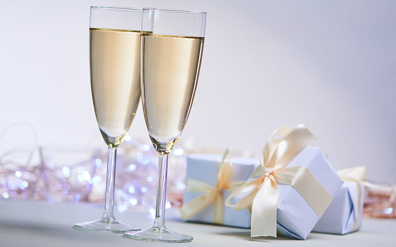 champagne, gifts, Happy New Year, beige silk bows, champagne glasses, holiday, HD wallpaper