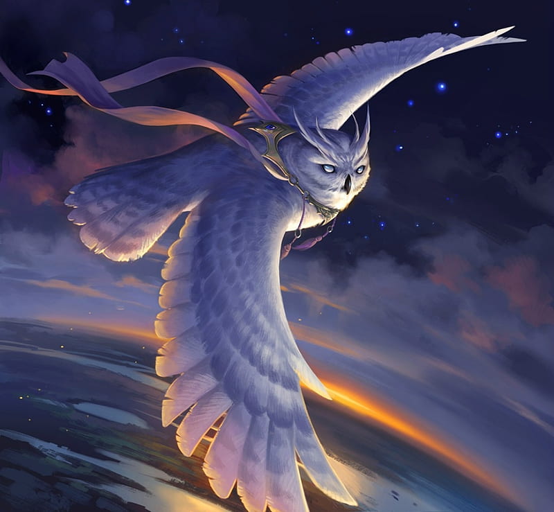 Highwind glider, owl, fantasy, wings, bufnita, luminos, sandara, blue, night, HD wallpaper