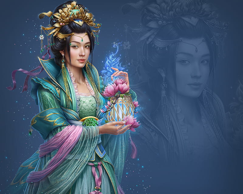 Empress Feng Lin, frumusete, luminos, ab games, abgames, superb, fantasy, green, girl, asian, empress, pink, blue, gorgeous, HD wallpaper