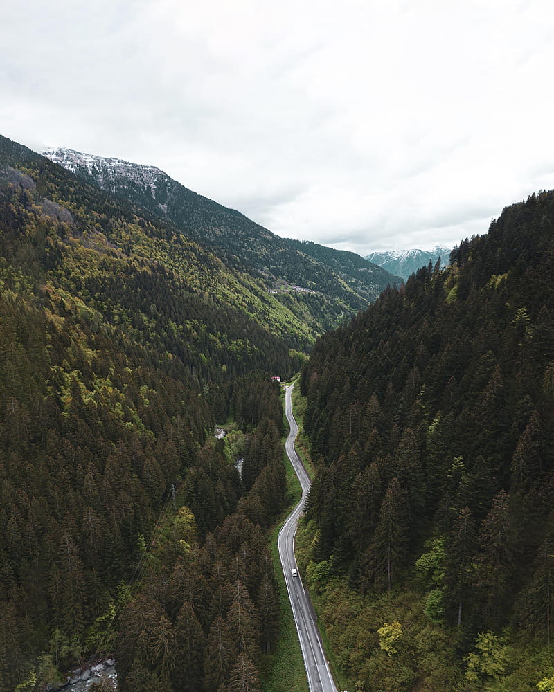 road, mountains, aerial view, forest, trees, HD phone wallpaper