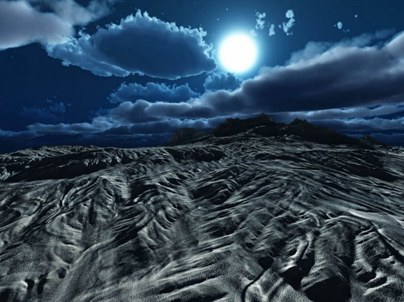 MOONLIT DESERT, CLOUDS, SAND, MOON, DUNES, DESERT, SKY, NIGHT, HD wallpaper