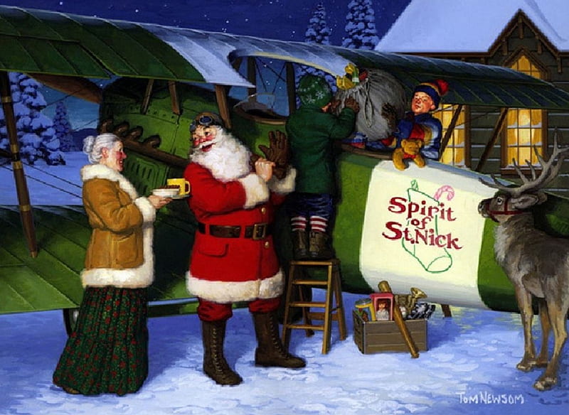 Spirit of St. Nick, santa, airplane, snow, painting, reindeer, artwork, winter, HD wallpaper