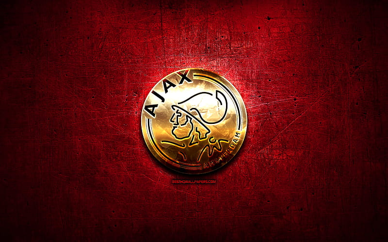 Ajax FC, golden logo, Eredivisie, red abstract background, soccer, Dutch football club, Ajax logo, football, AFC Ajax, Netherlands, HD wallpaper