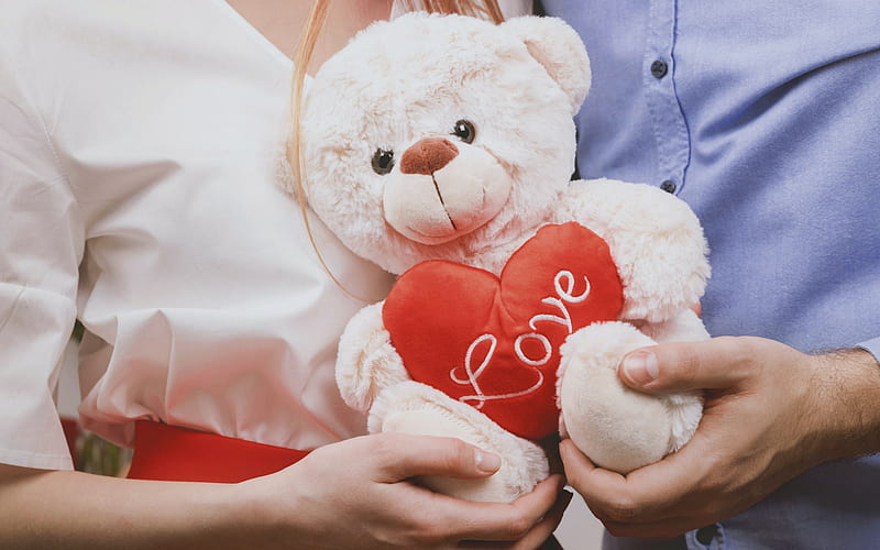 teddy bear in hand, love concepts, romance, teddy bear with red heart, couple of people, relationship, HD wallpaper