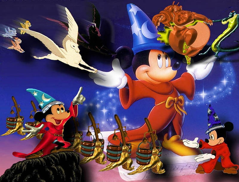 Magician Mickey, flying pegasus, magic, mickey, broom, pail, HD wallpaper