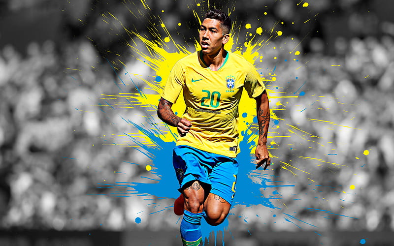 Roberto Firmino Brazilian footballer, Brazil national football team, art, yellow blue splashes of paint, grunge art, creative, Brazil, football, HD wallpaper