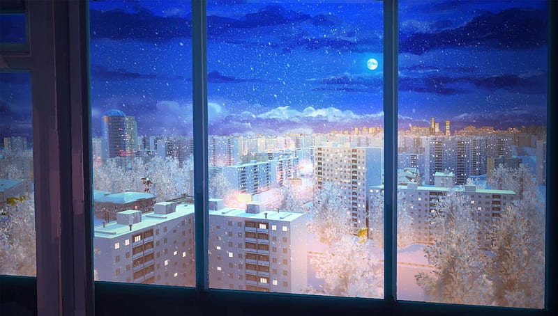 Silent night, moon, city, window, anime, manga, lights, blue, winter, HD wallpaper