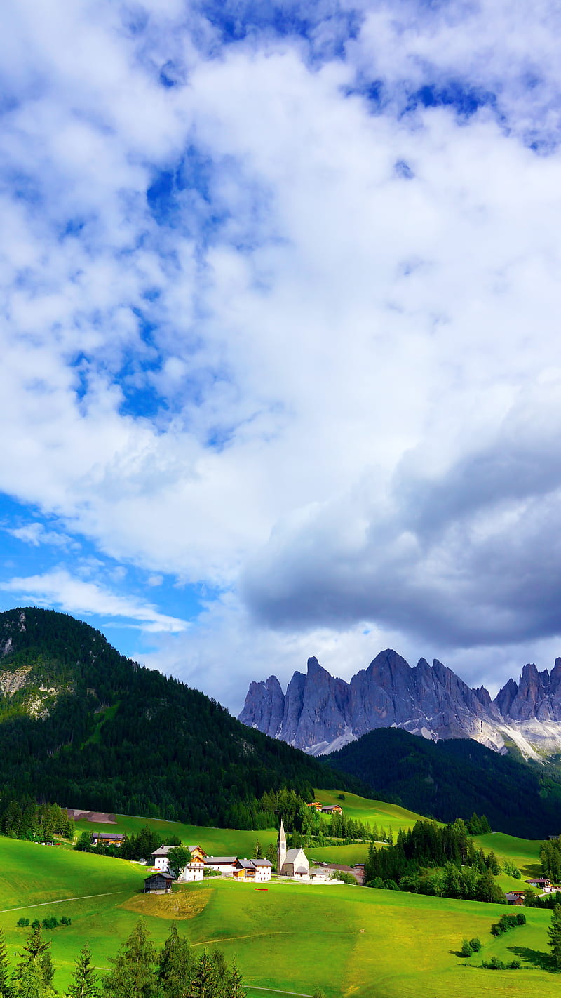 mountains, mountain range, village, clouds, grass, trees, HD phone wallpaper