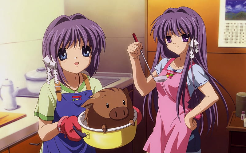 Botan Stew, Anime, Cooking, Clannad After Story, Botan, Ryou, Long Hair, Clannad, Anime Sisters, Boar, Fujibayashi, Big Eyes, Kyou Fujibayashi, Ryou Fujibayashi, Anime Girl, Kyou, Sisters, Apron, HD wallpaper