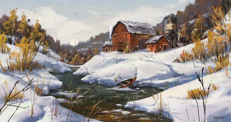 river, house, boat, winter, art, HD wallpaper