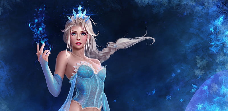 Elsa, fanart, frumusete, luminos, winter, fantasy, snow queen, hand, prywinko, disney, blue, HD wallpaper