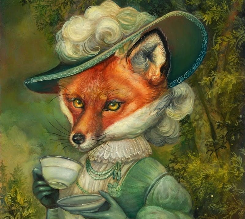 Flora the fox, vulpe, fox, green, orange, cup, tea, flora, art, annie stegg, fantasy, HD wallpaper