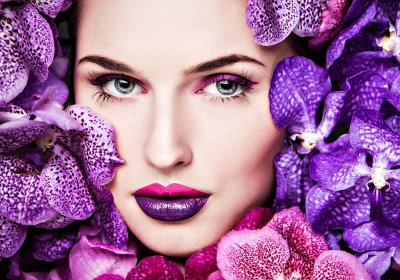 Beauty, model, femeie, woman, lips, make-up, girl, purple, orchid, flower, face, pink, HD wallpaper