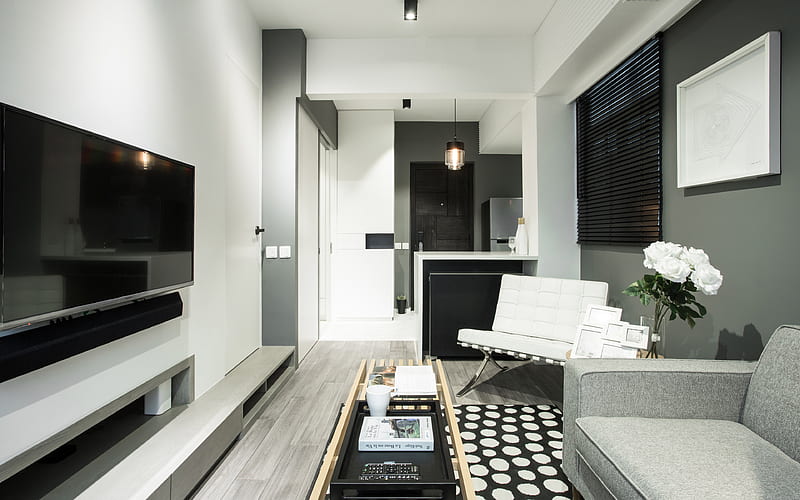 living room, white and gray interior, modern apartment, sofa, modern design, interior idea, HD wallpaper