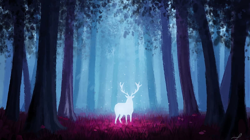 / deer, forest, art, light, glow,, Galaxy Deer, HD wallpaper