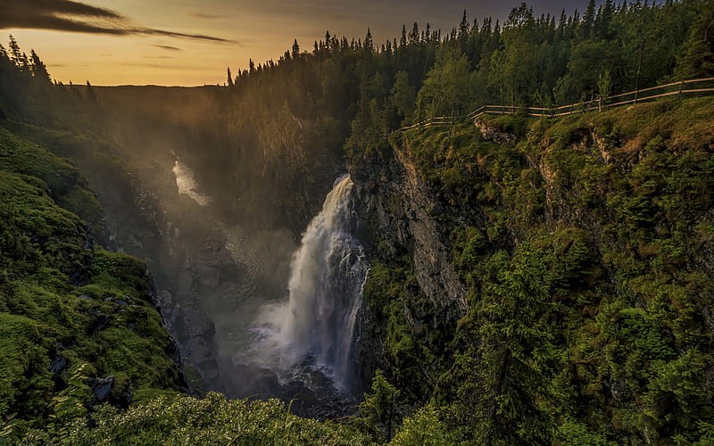 Hällingsafallet, Waterfall, evening, sunset, mountain landscape, mountain waterfall, Jamtland County, Sweden, HD wallpaper