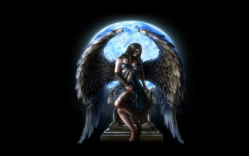 DARK ANGEL 2, Black, Death, Skull, dark, Angel, Moon, Gothic, Wings, HD wallpaper