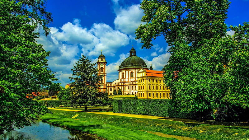 gorgeous palace on a sunny summer day r, pond, garden, r, palace, trees, clouds, HD wallpaper