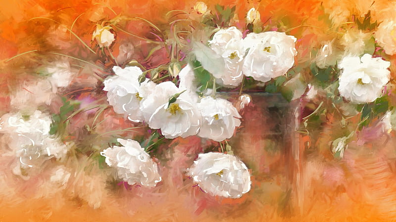 Flowers, poppy, art, orange, painting, white, abstract, HD wallpaper