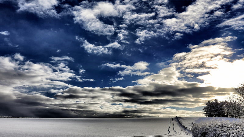 fabulous winter sky r, clouds, tracks, sky, field, winter, HD wallpaper
