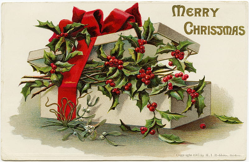Merry Christmas!, red, mistletoe, christmas, green, craciun, box, gift, card, vintage, HD wallpaper