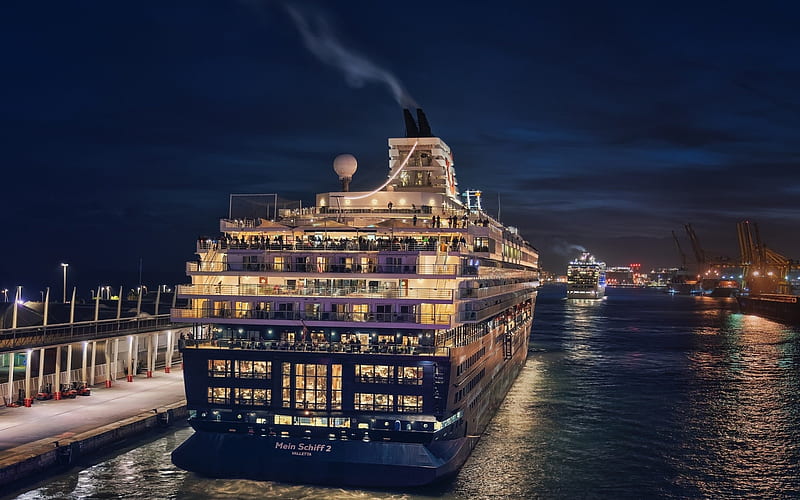 Mein Schiff 2, beautiful cruise liner, evening, sunset, seaport, large luxury ship, cruise ships, TUI Cruises, HD wallpaper